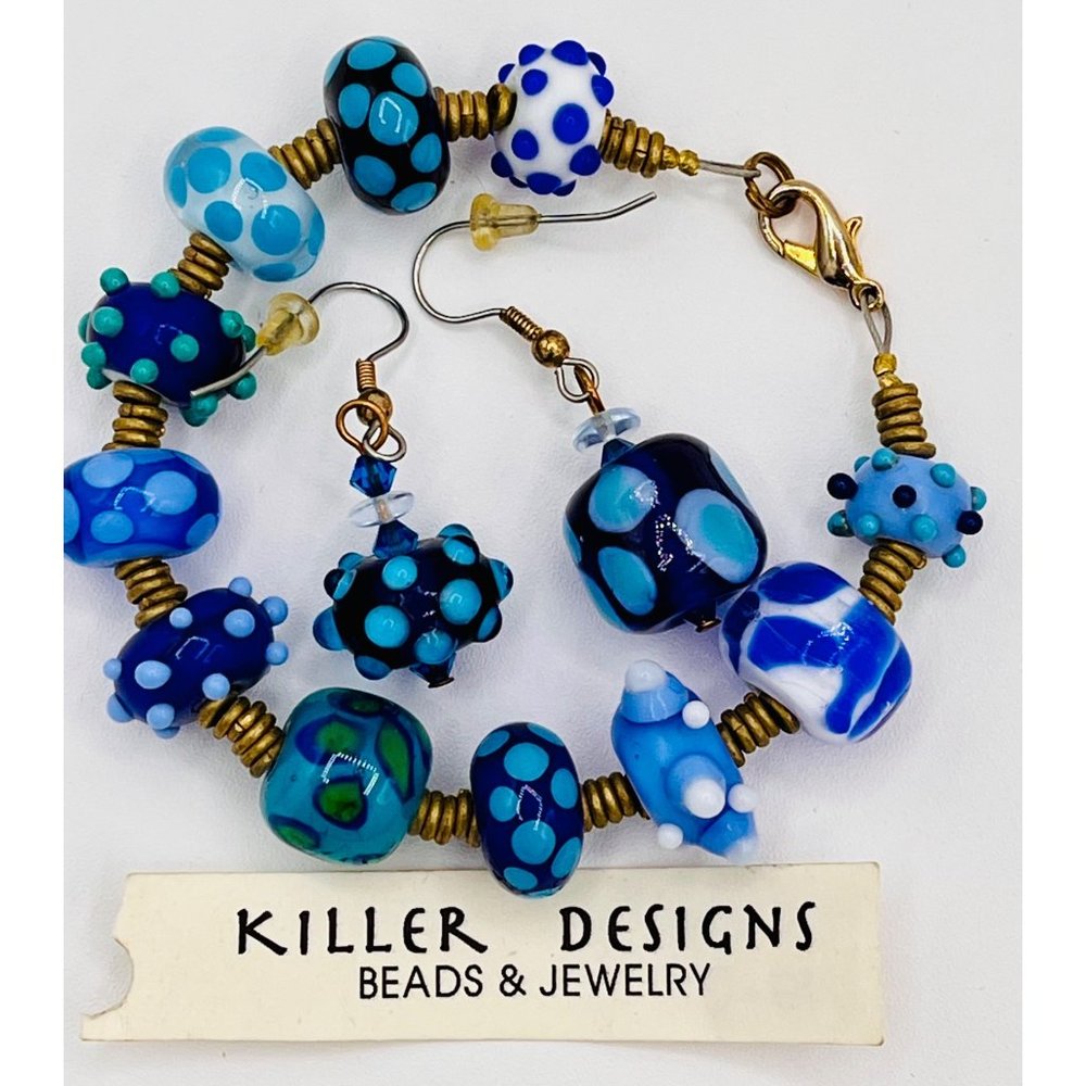 Killer Design | Blue Multicolor Fused Glass Bracelet and Dangly Earrings | NEW